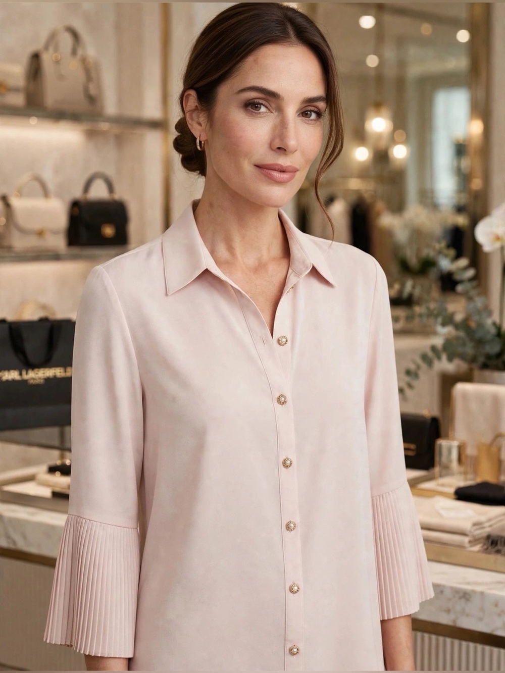 Karl Lagerfeld Paris Blush Pink Blouse Pleated Bell Sleeves Size L